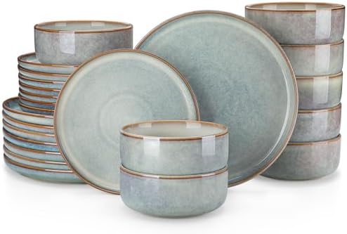 vancasso PLAYA Plates and Bowls Sets, 24 Pieces Light-Blue Dinnerware Sets for Kitchen, Reactive Glaze Dishes Set for 8, Dishwasher and Microwave Safe by vancasso
