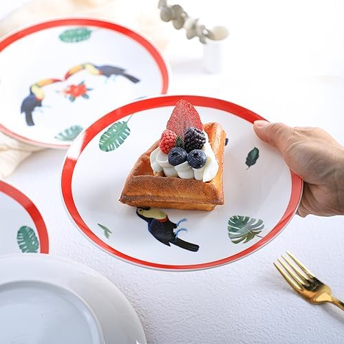 Colias Wing 8 Inch Flower Bird Pattern Stylish Design Ceramic Salad/Pasta/Fruit/Appetizer/Dessert Dishes Holiday Plates Christmas Dinner Plates-Set of 4-Toucan - Image 5