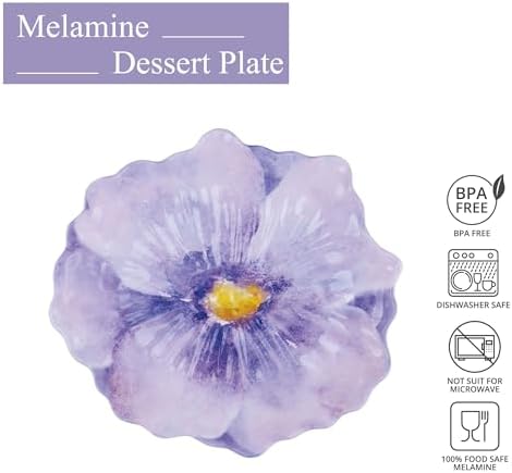 UP Lavender Melamine Dessert Plates, Floral-Shaped Small Serving Plates, for Appetizer, Snacks, and Side Dishes, Purple, 7.5 x 7 Inch, Set of 4 - Image 3