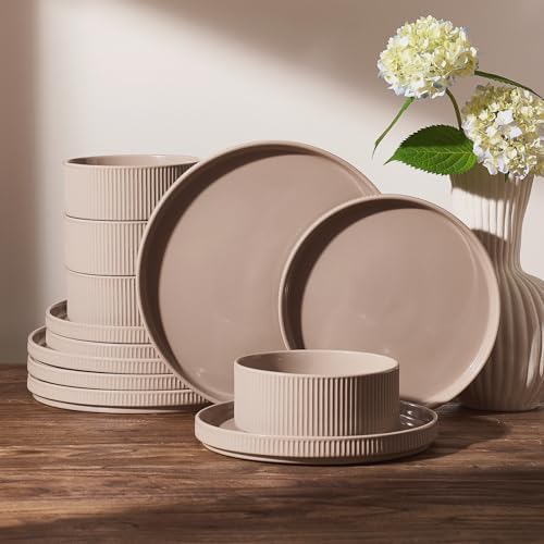 Famiware Ceramic Plates and Bowls Set, Dinnerware Sets, Ribbed Dishes for 4 by Famiware