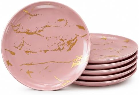 10-Inch Ceramic Dinner Plates Set of 6, Pink Gold Marble by Loymokinar