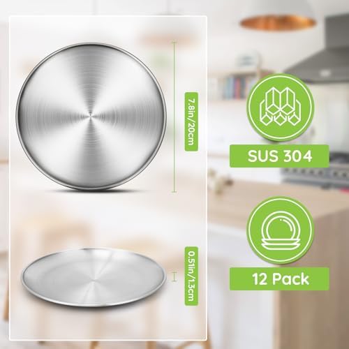 12 Stainless Steel Plates, 7.8 inch 304(18/8) Metal Camping Plate, Reusable Food Serving Dish Snack Eating Dishes Round Shatterproof Plate Silver Dinnerware for BBQ Dinner Oven Dishwasher Safe - Image 2