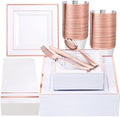 Festiva 350Pcs Rose Gold Plates and Napkins Party Supplies-Square White and Rose Gold Disposable Dinnerware include Plates Cups Cutlery Napkins for 50 Guests Wedding &Mother's Day&Birthday Party by Festiva
