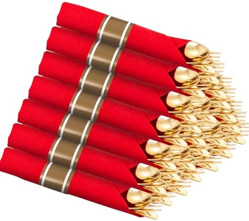 Supernal 30 Pack Pre Rolled Gold Plastic Silverware with Red Napkins by supernal