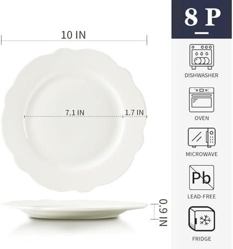 10.5” White Porcelain Large Dinner Plates Leave Wave Rim Set of 8 - Image 4