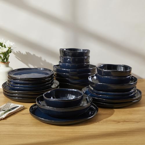 Pokini 24 Pieces Dinnerware Set for 6 with Pasta Bowls, Complete Ceramic Dish Set, Stackable & Glossy Stoneware Plate and Bowl Set for Effortless Everyday Hosting, Starry Blue - Image 5
