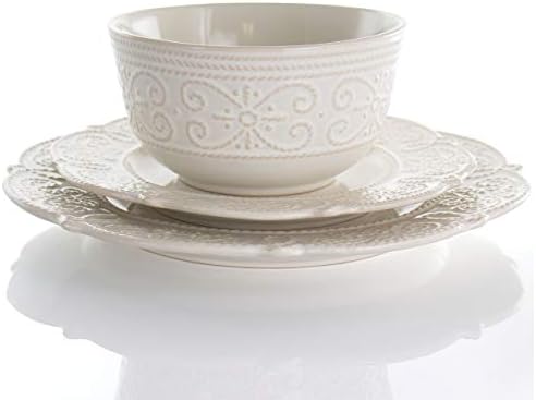 Elama Round Decorated Stoneware Scallop Embossed Dinnerware Dish Set, 16 Piece, Luna - Image 2