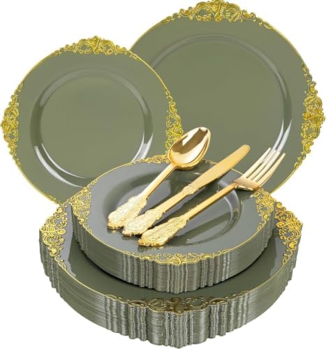 125PCS Sage Green and Gold Plastic Plates for Wedding and Party by Joyido