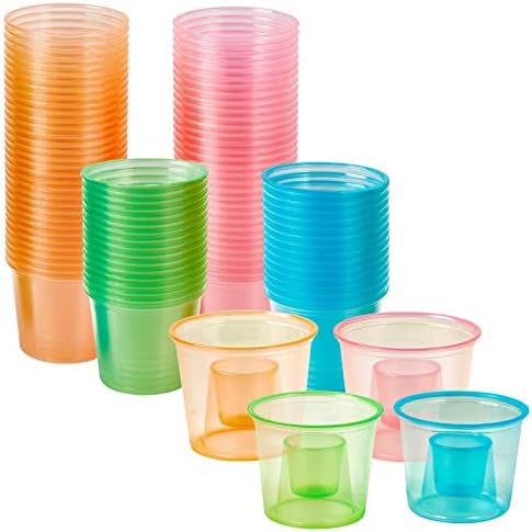 100 Disposable Bomber Cups, 4oz Plastic Shot Glasses, Assorted Colors by JOLLYCHEF