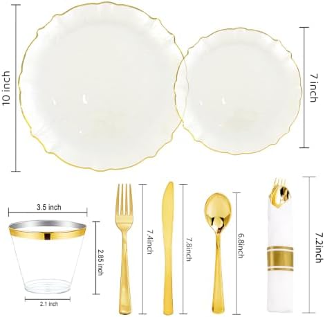 bUCLA 175PCS Ivory Plastic Plates - Gold Rim 25 Guests for Party, Wedding - Image 2