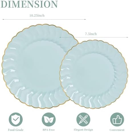 Lullaby 60PCS Sage Green Scalloped Plastic Plates with Gold Rim for Party - Image 2