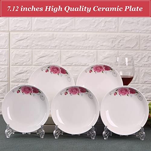 5 Pack Ceramic Plates with Rose Pattern, 7 inch Large Dessert Salad Porcelain Dinner Plates, Ceramic Dessert Dishes for Steak Pasta Pizza Appetizer (Dishwasher & Microwave Safe Plates) - Image 4