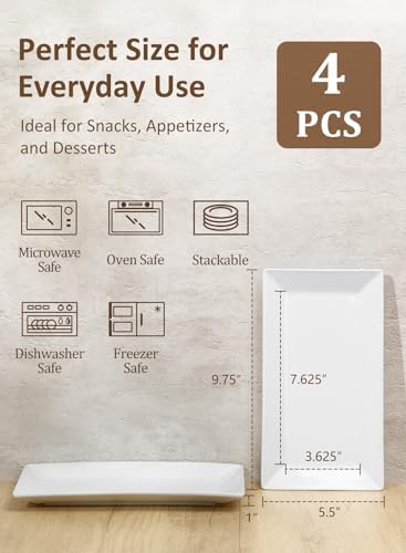 Porcelain Rectangular Dinner Platters, 9.75 Inch Rectangle Serving Plates for Sushi, Snacks, Cake, Meat & Appetizers, Set of 4, Elegant White Design - Image 2