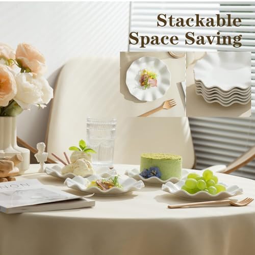 7 Inch Porcelain Small Dinner Plates, Set of 12, White Appetizer Plates, Wave Rim Dessert Salad Plate, Serving Dishes for Cake, Snack, Ice Cream, Waffles, Microwave, Oven, Dishwasher Safe - Image 6