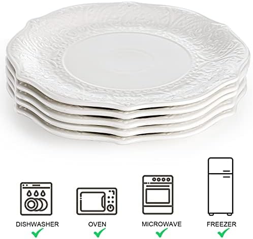 SOUJOY Set of 6 Porcelain Dinner Plate, 10.5'' White Dinner Dish, Embossed Printing Dinnerware Plate for Dinner, Restaurant, Family Party and Kitchen, Microwave, Dishwasher Safe - Image 3