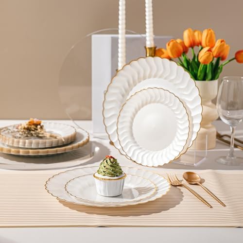 Lullaby 60PCS Pearl White Scalloped Plastic Plates with Gold Rim for Party - Image 5