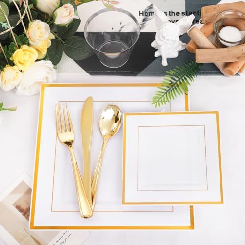 Festiva 350Pcs Gold Plastic Plates - Disposable Square Gold Plates Dinnerware set include 9.5"/6" Plates,Cups,Plastic Cutlery,Hand Napkins Perfect for 50 guests Party&Birthday&Wedding - Image 3