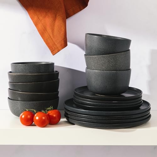 Gibson Elite James Street Stoneware Matte Reactive Double Bowl Dinnerware Set - Truffle Grey, Service for 4 (16pcs) - Image 3