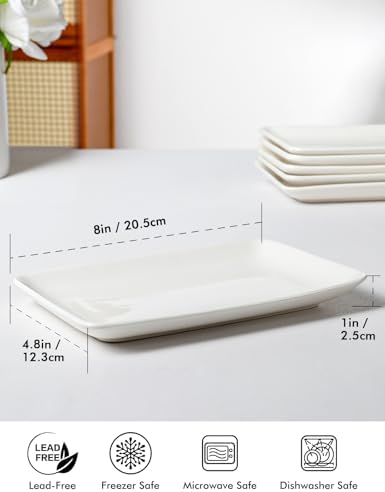AISBUGUR Rectangular Salad Plates, 8 Inch Porcelain Dessert Plates Set, Serving Trays for Salad, Appetizers, Fruit, Sushi, Appetizer Plates - Dishwasher and Oven Safe, Set of 6, White - Image 5