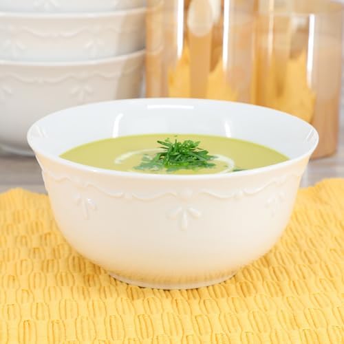 Elama Henryi 6 Piece Embossed Rim Detail Porcelain White 6.1 Inch Bowl Set, Tableware Set, Serveware (6 Pc Bowl) - Image 5