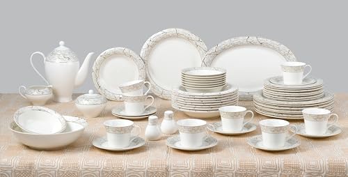 Lorren Home Trends Bone China Dinnerware Set, White with Marble Pattern and Gold Trim, 57 Piece Service for 8, Formal Dining Collection - Image 2
