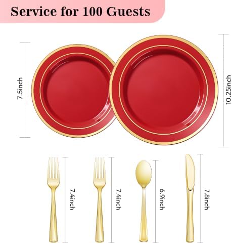 600 Pcs Red Plastic Dinnerware Set with Gold Trim for 100 Guests,200 Red Plastic Plates with Gold Trim, 200 Forks, 100 Spoons, 100 Knives for Party, Wedding, Birthday & Christmas - Image 3