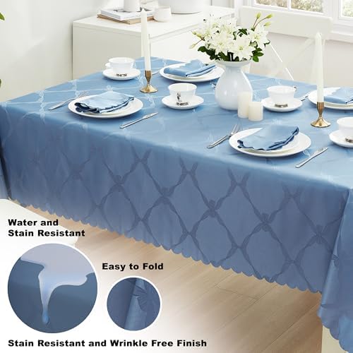 Newbridge Ribbons and Bows Damask Fabric Tablecloth, Blue, 60 x 102 Inch Rectangle, Wrinkle & Stain Resistant Table Cover - Image 3