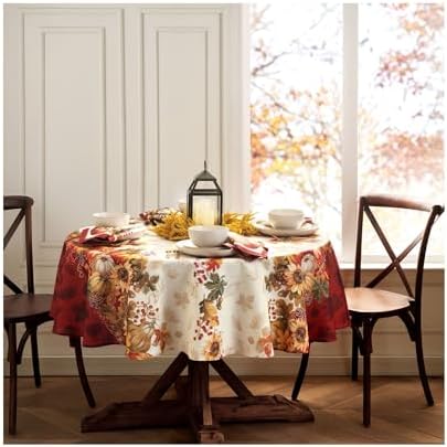 Elrene Home Fashions Swaying Leaves Bordered Fall, Seasonal and Holiday Tablecloth, 70" Round, Multi - Image 2