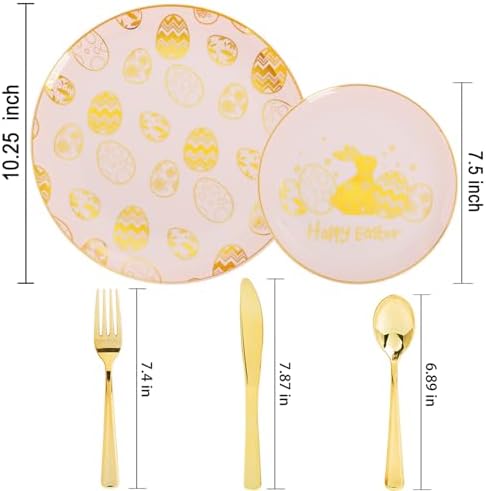 Liacere 150Pcs Easter Plates with Gold Bunny - Pink Plastic Dinnerware Includes 30 Egg and Rabbit 30 Dessert Plates, 30 Forks, 30 Spoons,30 Knives for Easter Party - Image 2