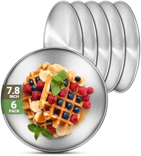 6 Stainless Steel Plates, 7.8 inch 304(18/8) Metal Camping Plate, Reusable Food Serving Dish Snack Eating Dishes Round Shatterproof Plate Silver Dinnerware for BBQ Dinner Oven Dishwasher Safe by Offiper