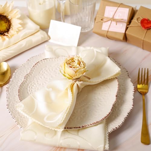Flower Napkin Rings Set of 8, Handmade Champagne Peony Napkin Holder Floral Rings With Jute Bow Buckles for Summer, Wedding, Banquet, Birthday, Christmas, Valentine's, Thanksgiving Table Decoration - Image 5