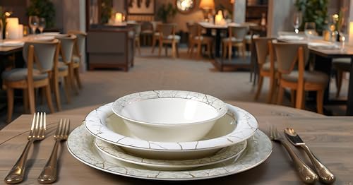 Lorren Home Trends Bone China Dinnerware Set, White with Marble Pattern and Gold Trim, 57 Piece Service for 8, Formal Dining Collection - Image 4