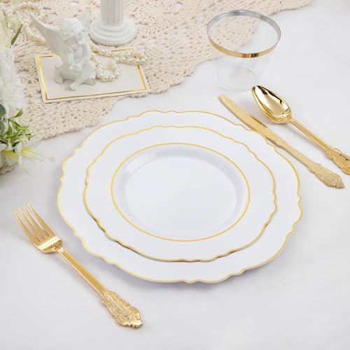 Liacere 175pcs Gold Plastic Plates - White and Gold Disposable, include 50Plates, 25Pack Pre Rolled Napkins with Silverware 25Cups Perfect for Wedding & Party & Holiday & Thanksgiving & Fall Party - Image 6