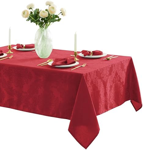 Newbridge Barcelona Damask Fabric Tablecloth, 52 x 70 Inch Rectangle, Red – No Iron, Soil Resistant Table Cover for Dining, Parties and Holidays by HomeBargainsPlus