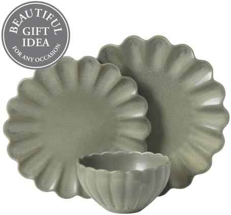 Gibson Elite Bistro Fleur Plates and Bowls Sets, 12-Piece Stoneware Dinnerware Set for 4, Matte Green Scalloped Dish Set with Dinner Plates, Salad Plates & Bowls - Image 4