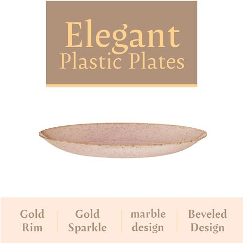 PLASTICPRO 32 Pack Elegant Disposable Plastic Plates Combo Set Includes 16 Dinner Plates and 16 Salad Plate Heavy Duty Fancy Party Plates Pink Granite Plate with Gold rim - Image 7