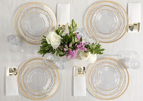 PLASTICPRO 32 Pack Elegant Disposable Plastic Plates Combo Set Includes 16 Dinner Plates and 16 Salad Plates Heavy Duty Fancy Party Plates Clear & Gold Contemporary Design - Image 4