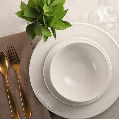 Gibson Home Caviara Plates and Bowls Set, 12-Piece Dinnerware Set, White Round Beaded Rim Ceramic Dish Set, Dinner Plates, Salad Plates & Cereal Bowls - Image 6