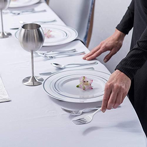 125-Piece White and Silver Fancy Plastic Plates Disposable with Silverware, Elegant Dinnerware for Weddings, Holiday Party China, Set of 25 Dinner + Salad Plates, 25 Spoons, 25 Forks, 25 Knives - Image 3