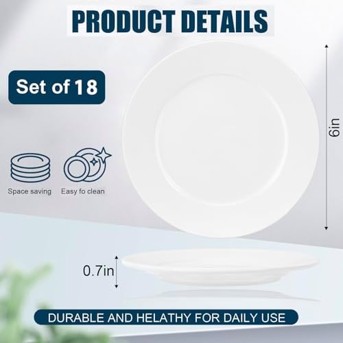 18 Pcs Dessert/Salad Plates Set, 6 Inch White Roound Ceramic Plate - Image 2