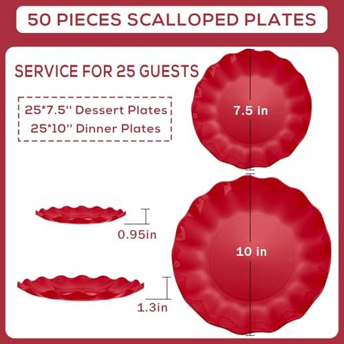 LIYH Red Christmas Plastic Plates Reusable Unbreakable, Dishwasher 25Guests - Image 3