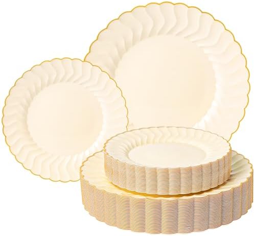 Lullaby 60PCS Light Yellow Scalloped Plastic Plates with Gold Rim for Party by LULLABY