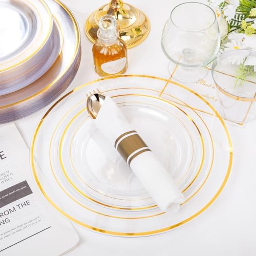 WELLIFE 350PCS Clear-Gold Plastic Plates - 100 Disposable Plates, 150Plastic Silverware, 50 Cups, 50 Napkins for Wedding & Party - Image 6