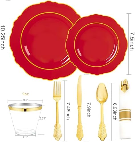 Liacere 175PCS Red Plastic Plates - Red Disposable Plates With Gold Rim -25Guest Baroque Plastic Dinnerware include 50Plates-25Pack Pre Rolled Napkins with Silverware 25Cups for Independence Day - Image 3