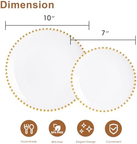 HOMIP 50PCS Disposable White Plastic Plates with Gold Pearl-Beaded Rim - Image 2