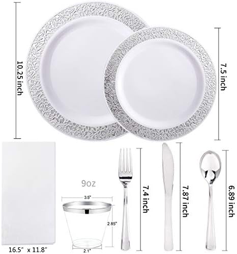 WELLIFE 350 Pieces Silver Disposable Plastic Dinnerware, Includes:50 Dinner Plates, 50 Dessert Plates, 50 Cups, 50 Pre Rolled Napkins with Silver Cutlery - Image 2