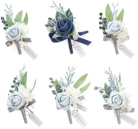 Floroom Set of 6 Powder Blue & Navy Blue Foam Rose Boutonnieres with Pins for Men Wedding for Groom Groomsmen Wedding Ceremonies Anniversaries Formal Dinners Parties Proms by Floroom