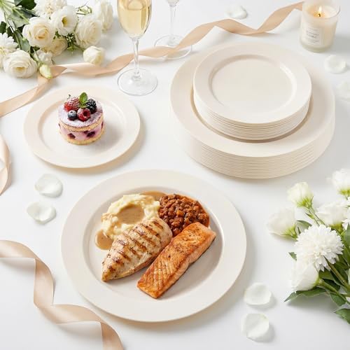 I00000 102 Pcs Ivory Plastic Plates, Disposable Party Plates Include 51 Ivory Dinner Plate 10’’ and 51 Plastic Dessert Plate 7’’ Perfect for Birthday, Party & Wedding (Pack of 2) - Image 6