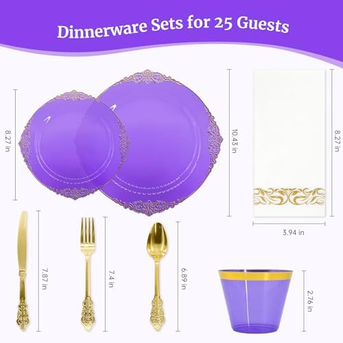 AIRE Purple Gold Plastic Plates Set, 175PCS Disposable Dinnerware for 25 - Image 2