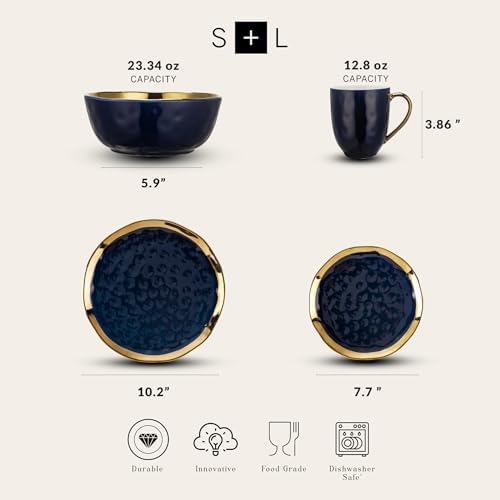 Stone Lain Florian Modern Porcelain Dish Set, 32-Piece Dishes for 8, Gold and Blue - Image 2
